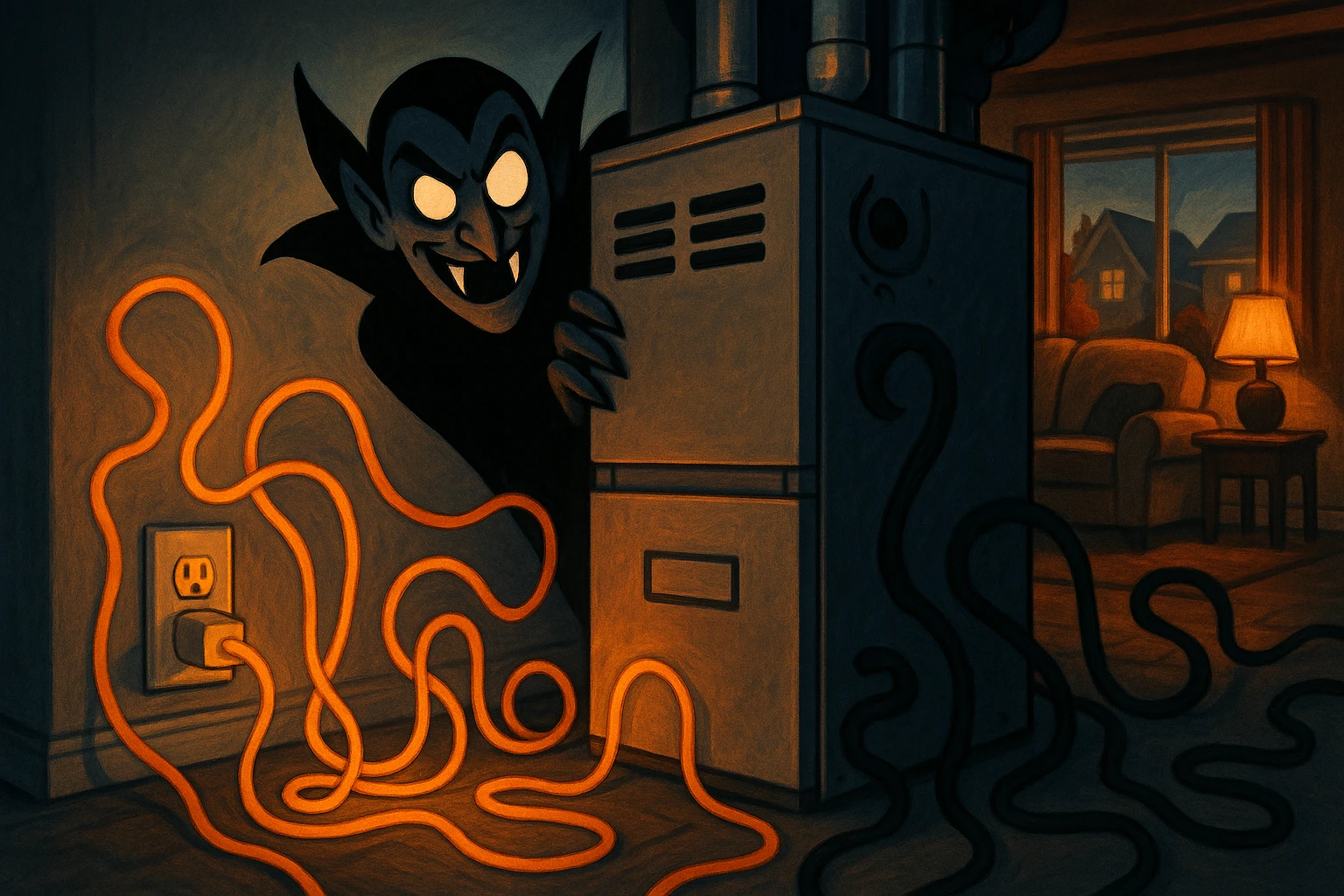 Illustration showing common home energy vampires plugged into wall sockets.