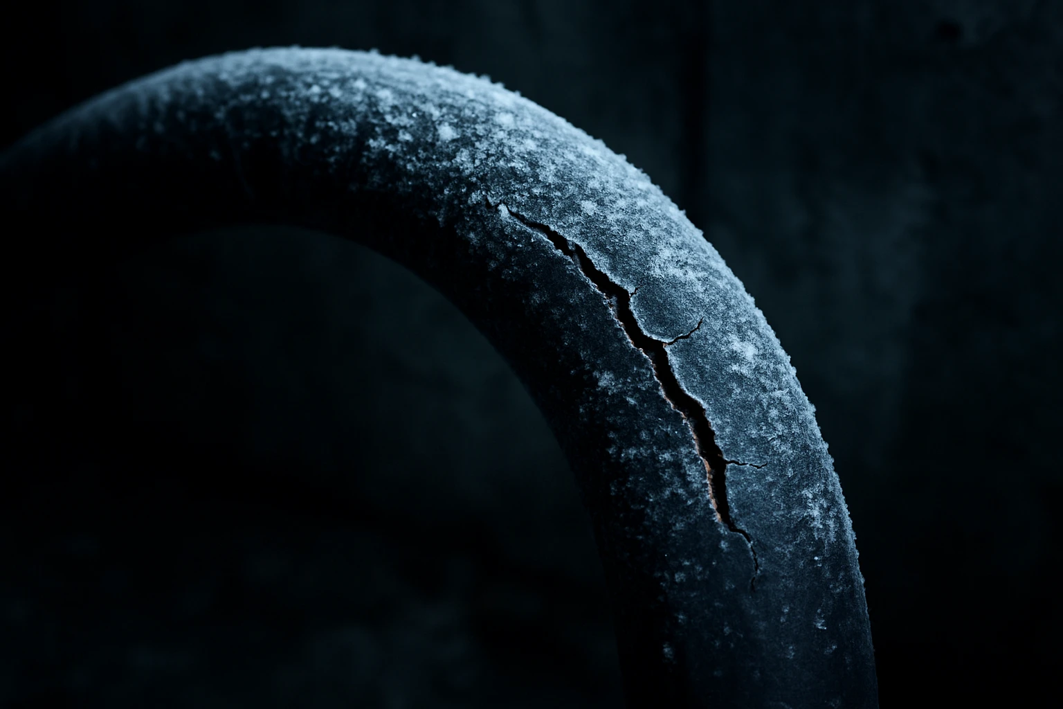 A frozen and burst water line on an appliance, showing winter damage.
