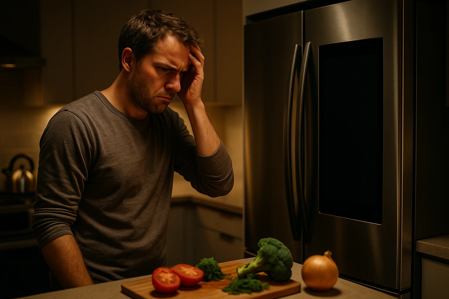 Frustrated homeowner looking at a malfunctioning smart refrigerator.