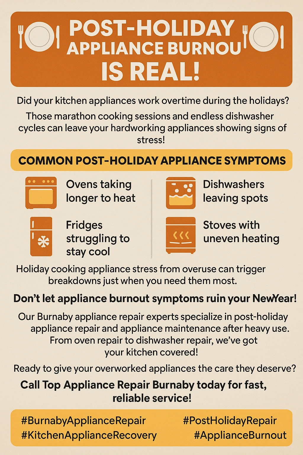 Infographic showing key takeaways for appliance problems after holidays in Burnaby