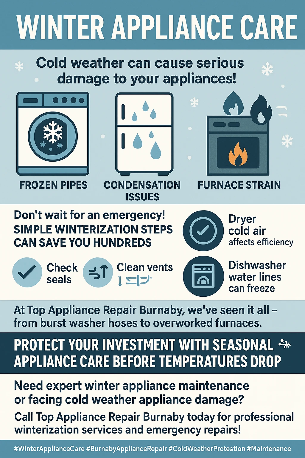 Infographic illustrating key takeaways for winter appliance maintenance in Burnaby.
