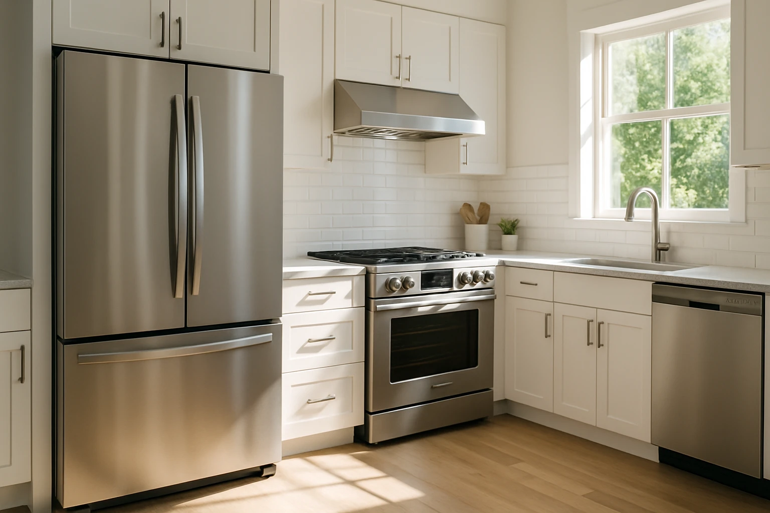 A sleek modern kitchen with a full suite of stainless steel appliances