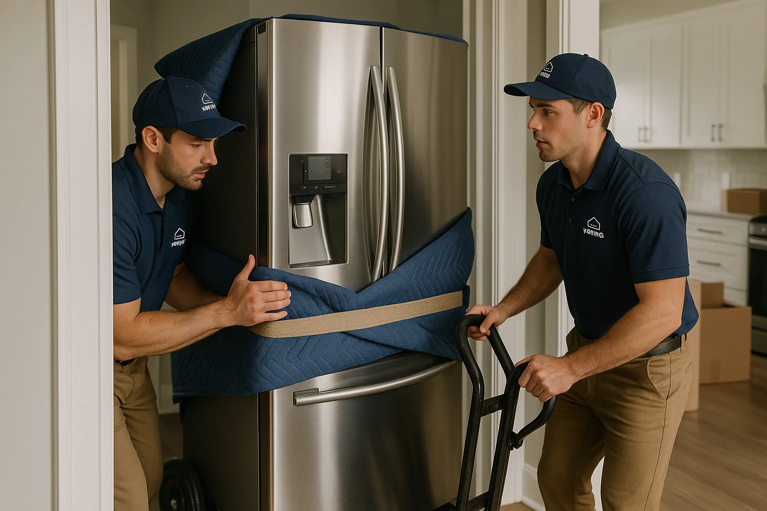 Professional movers carefully handling a stainless steel refrigerator during a home move