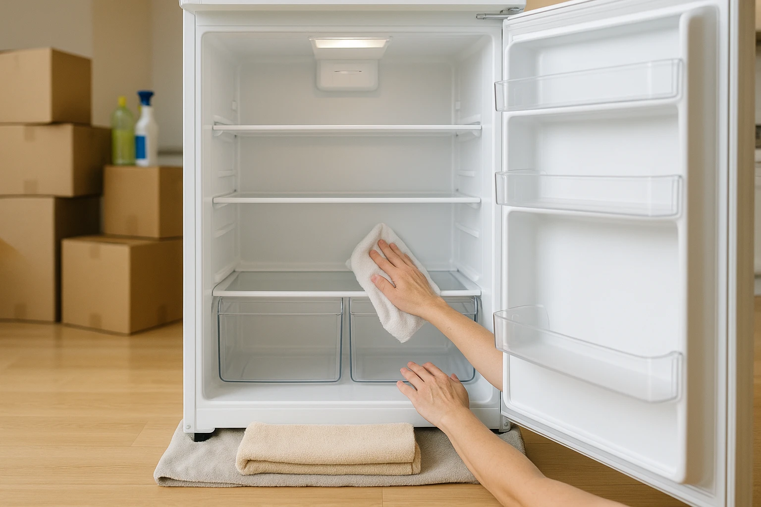 Preparing a refrigerator for moving day by cleaning and defrosting it
