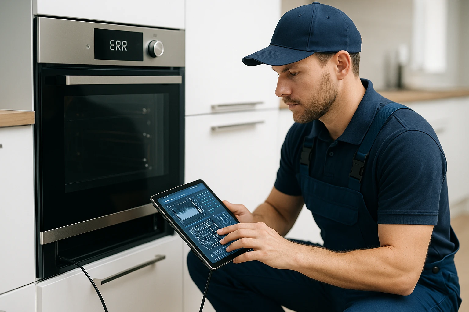 Professional technician using a tablet to diagnose and repair a smart appliance.