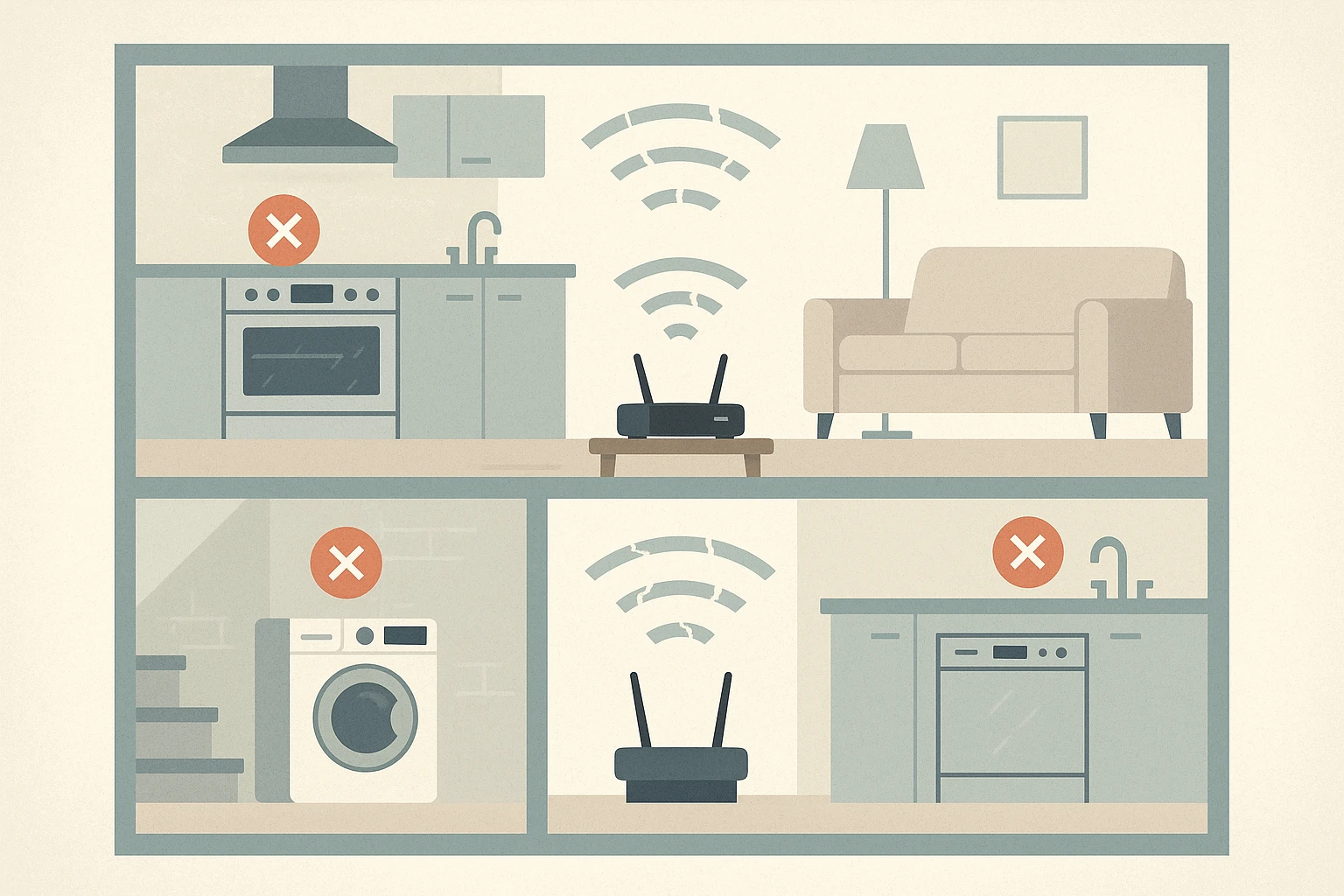 Graphic showing a weak wifi signal failing to reach smart home appliances.