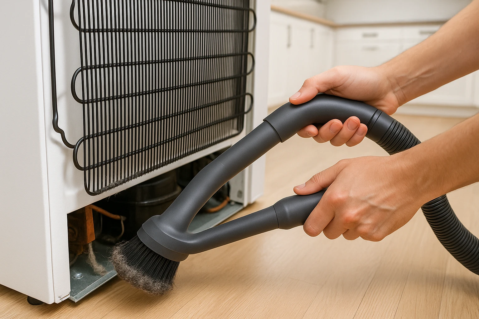 A person cleaning the dusty coils on the back of a refrigerator as part of winterizing maintenance.