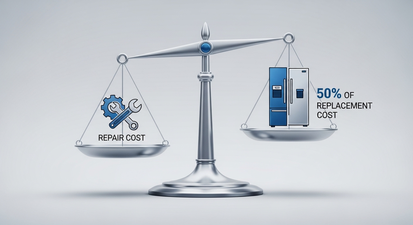 A graphic illustrating the 50% rule for deciding between appliance repair and replacement.