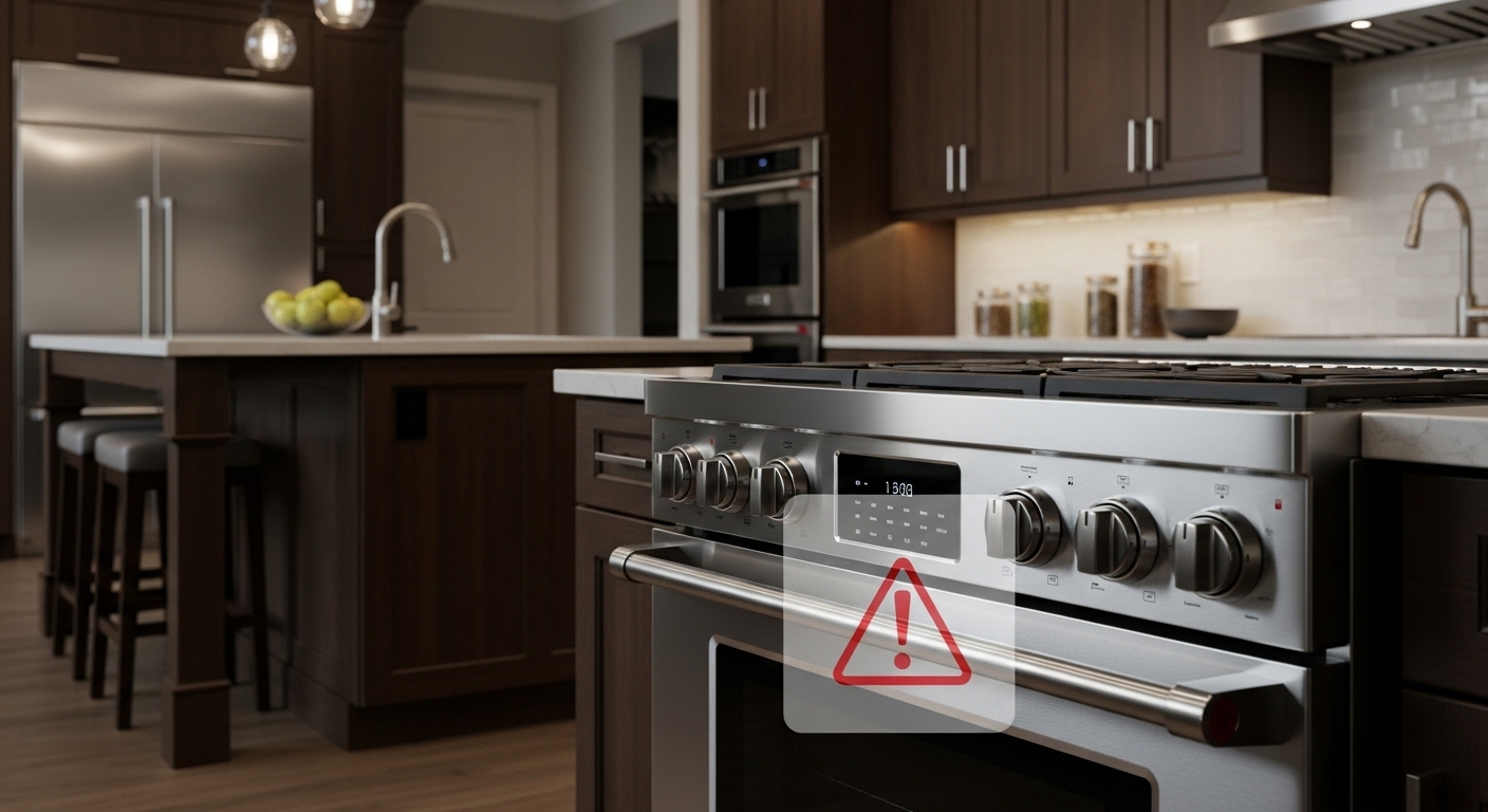 A modern kitchen with an appliance that has a danger warning sign on it, representing a recall.