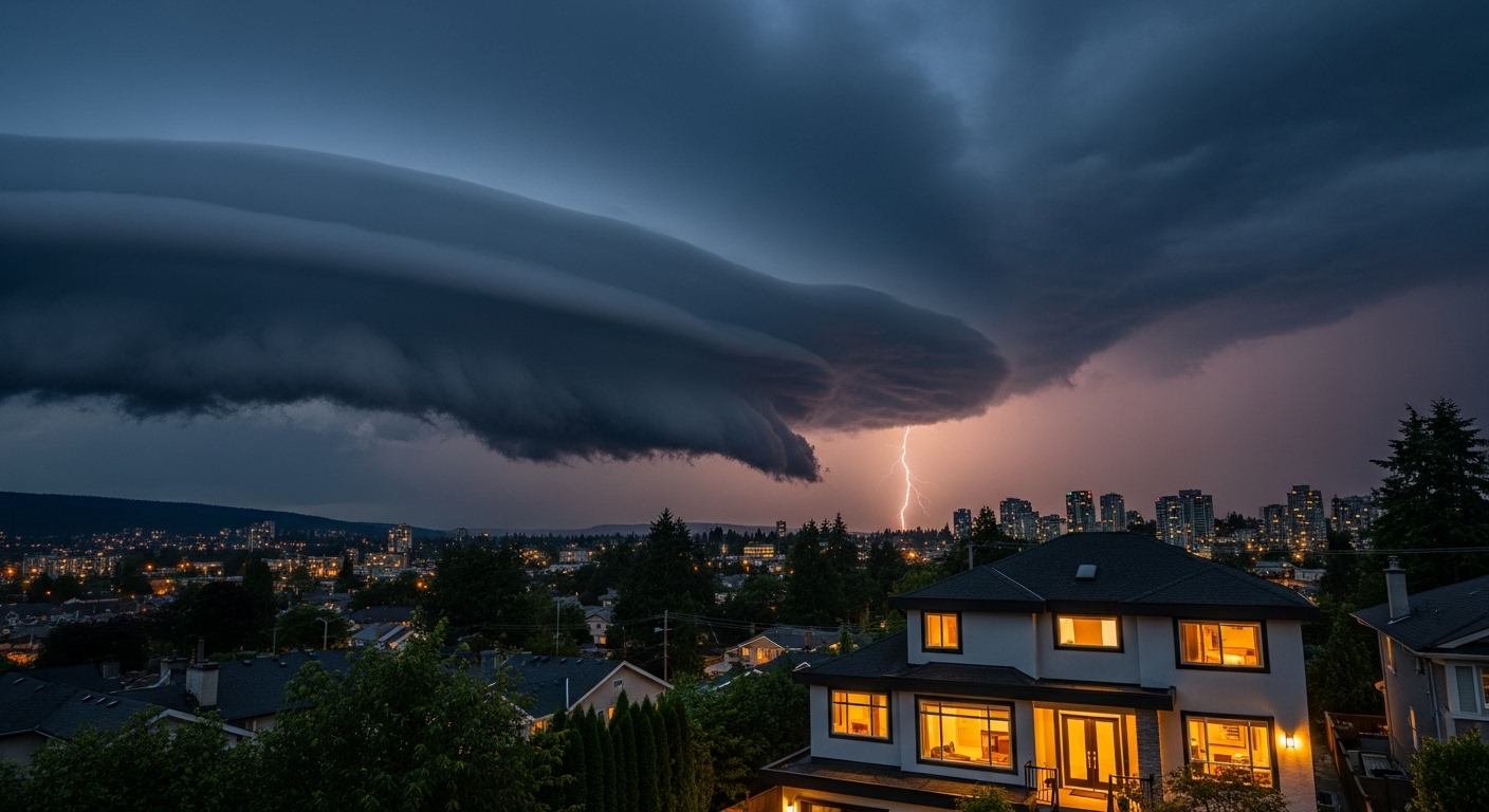 Storm clouds over Burnaby skyline, symbolizing the risk of power surges.