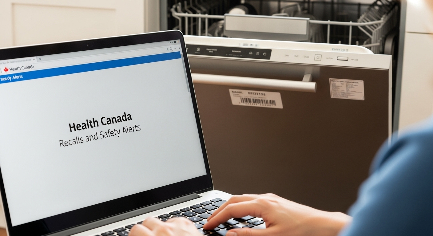 Person on a laptop checking the Health Canada appliance recall list online.