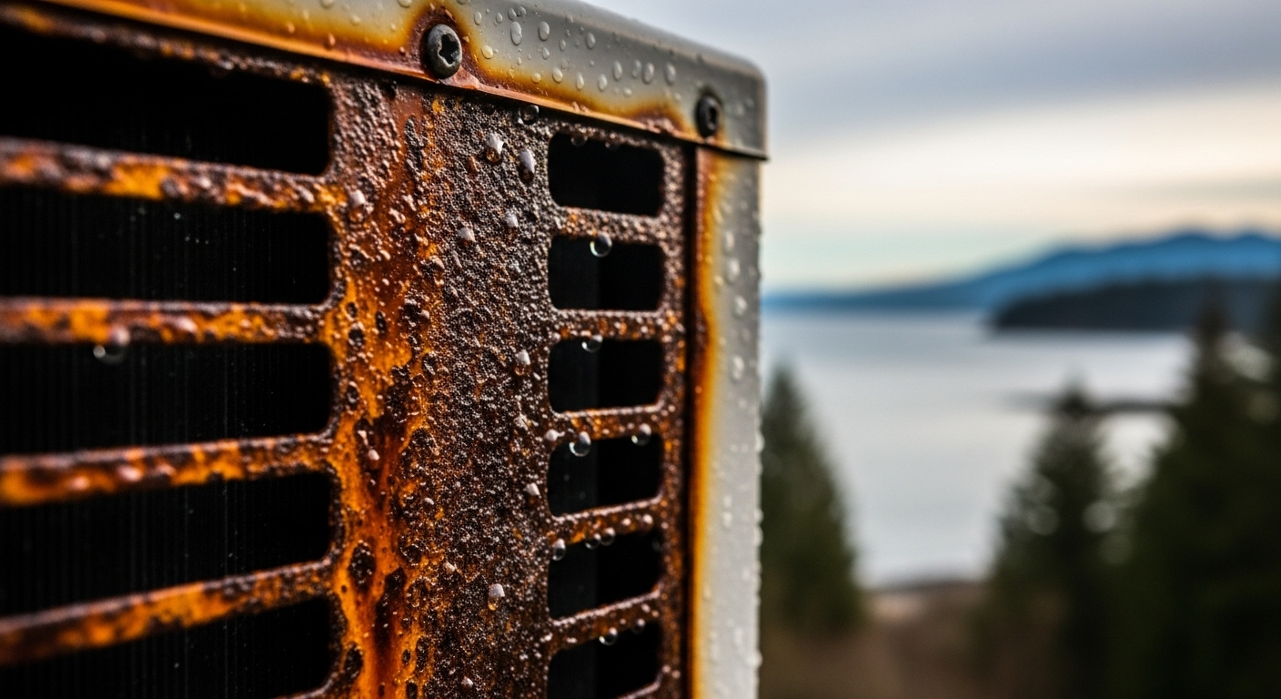 Close-up of coastal corrosion on an outdoor appliance component