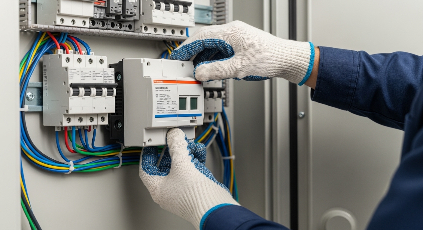 An electrician installs a whole-home surge protector into a residential electrical panel.