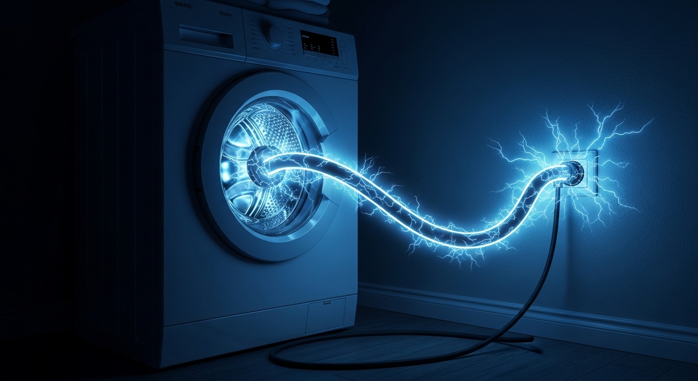 Concept image of an appliance as an energy vampire with fangs, plugged into an outlet.