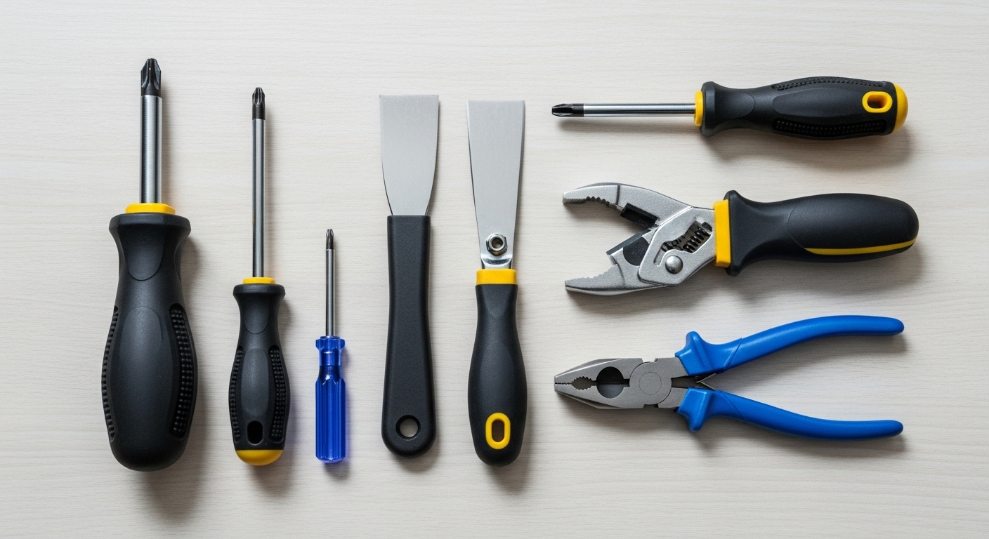 Essential hand tools for an appliance repair kit, including screwdrivers and pliers.