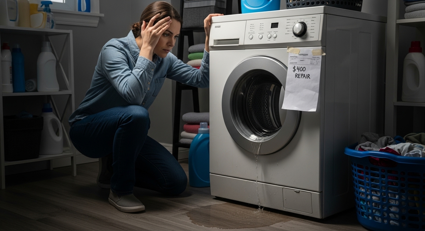 Frustrated Burnaby homeowner looking at a broken washing machine needing expensive repairs