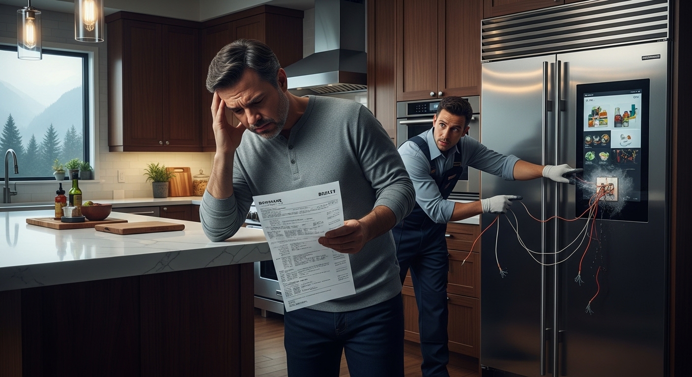 Frustrated homeowner dealing with a voided appliance warranty due to installation errors.