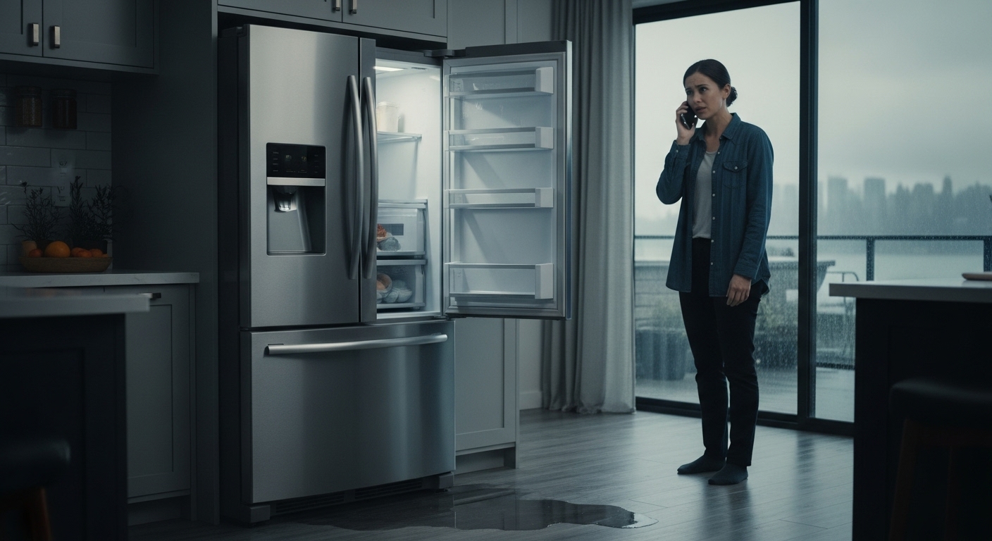 Frustrated homeowner looking at a broken refrigerator with food spoiled on the floor