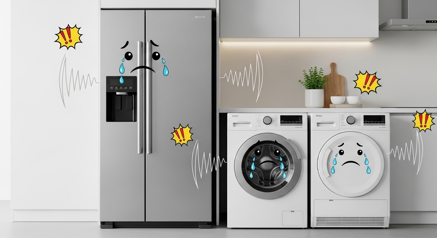 A collection of home appliances with warning icons.