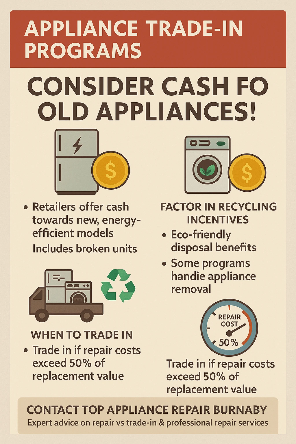 Infographic summarizing key takeaways for appliance trade-in programs in Burnaby