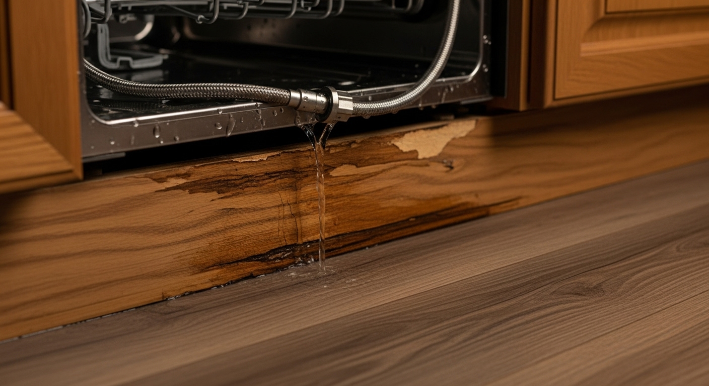 Water damage on floor from a leaking appliance water line.