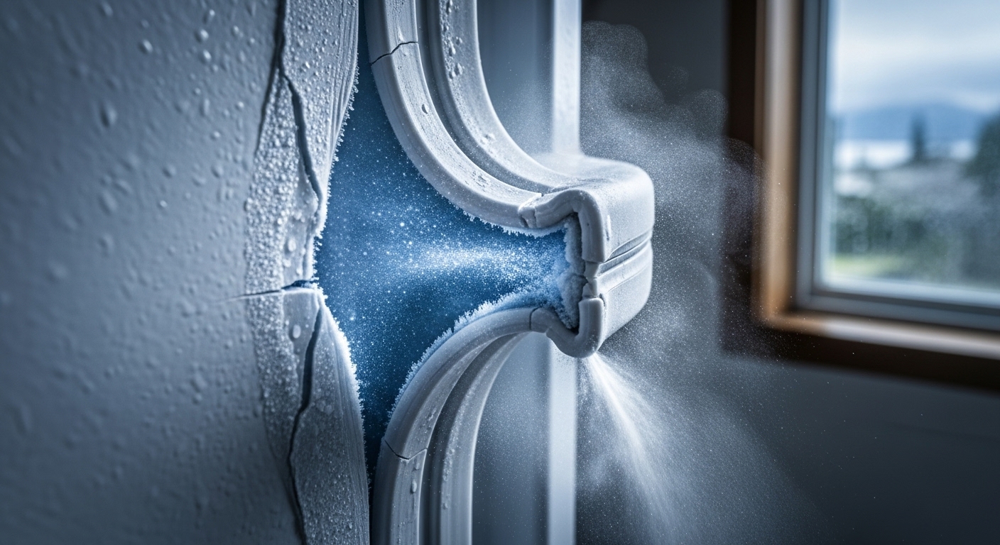 A hand holds a dollar bill near a faulty refrigerator door seal, illustrating energy waste.