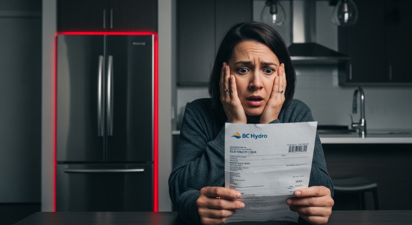 Shocked homeowner looking at a high BC Hydro electricity bill.