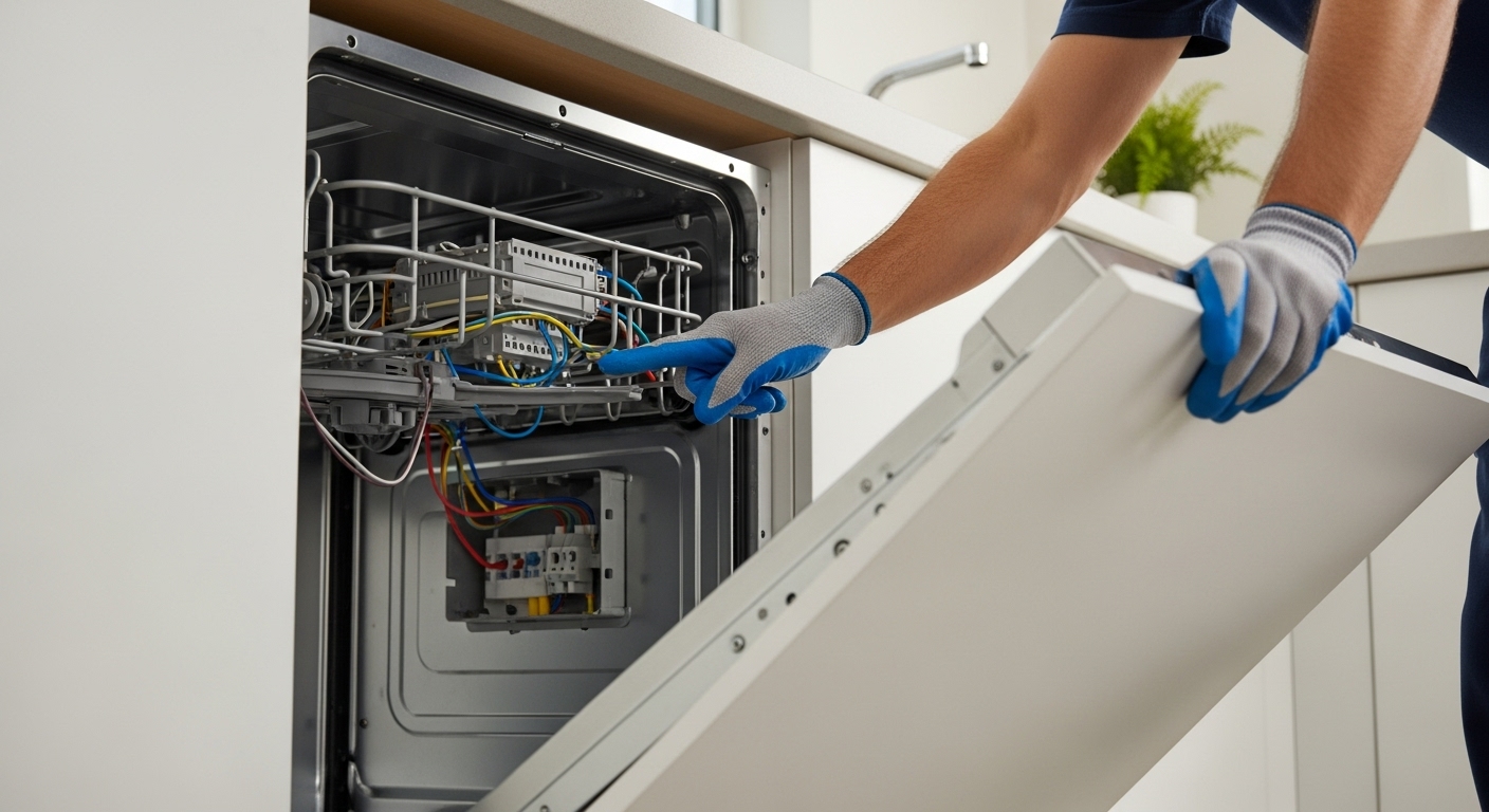 Appliance repair technician discovering faulty wiring behind an appliance