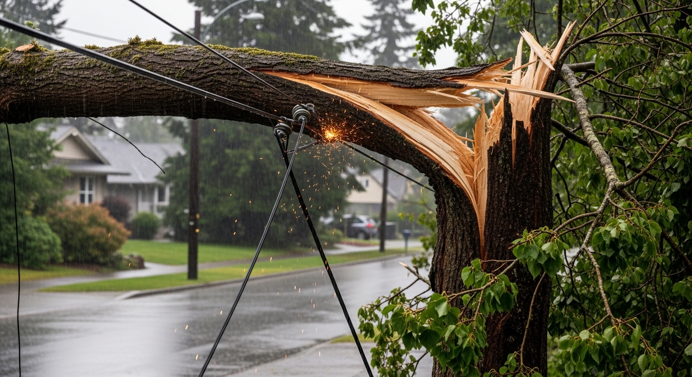 A large tree branch that has fallen on a power line, causing an outage in Burnaby.