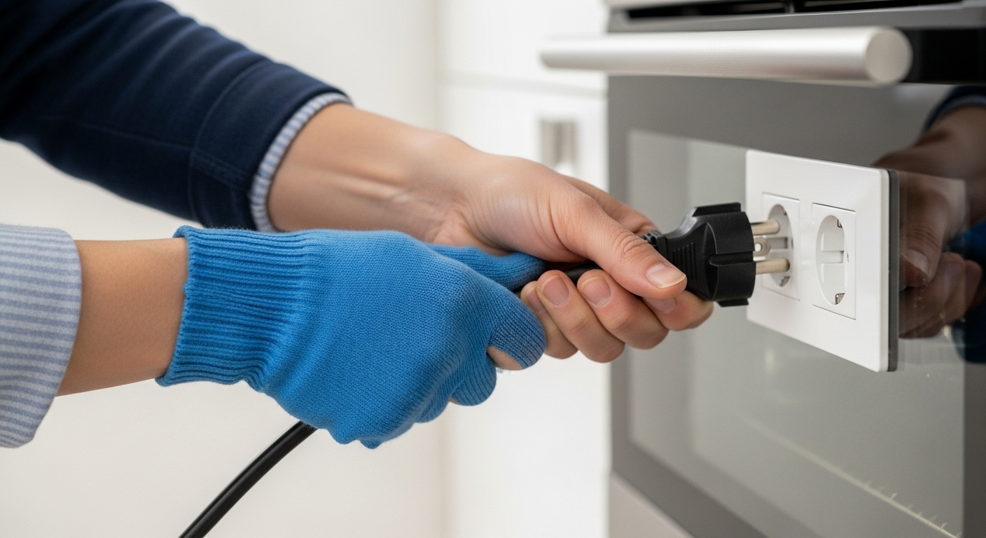 A person's hand safely unplugging a recalled kitchen appliance from the wall socket.