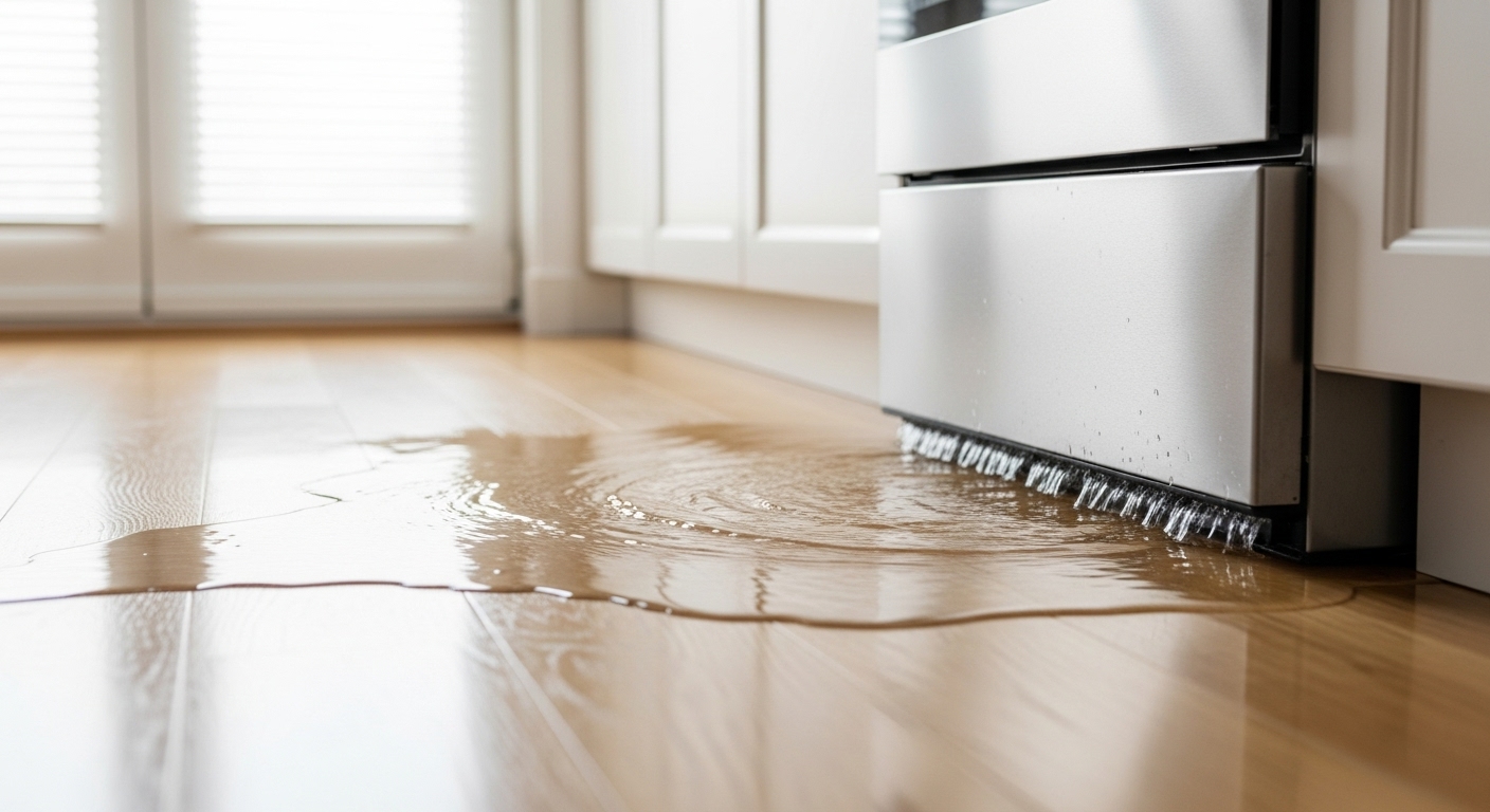 Water leaking from a kitchen appliance onto the floor in a Burnaby home.