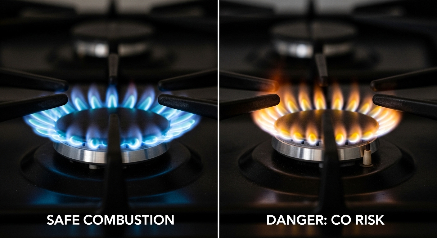 A gas stove burner showing blue, yellow, and orange flames to illustrate the warning signs of incomplete combustion.