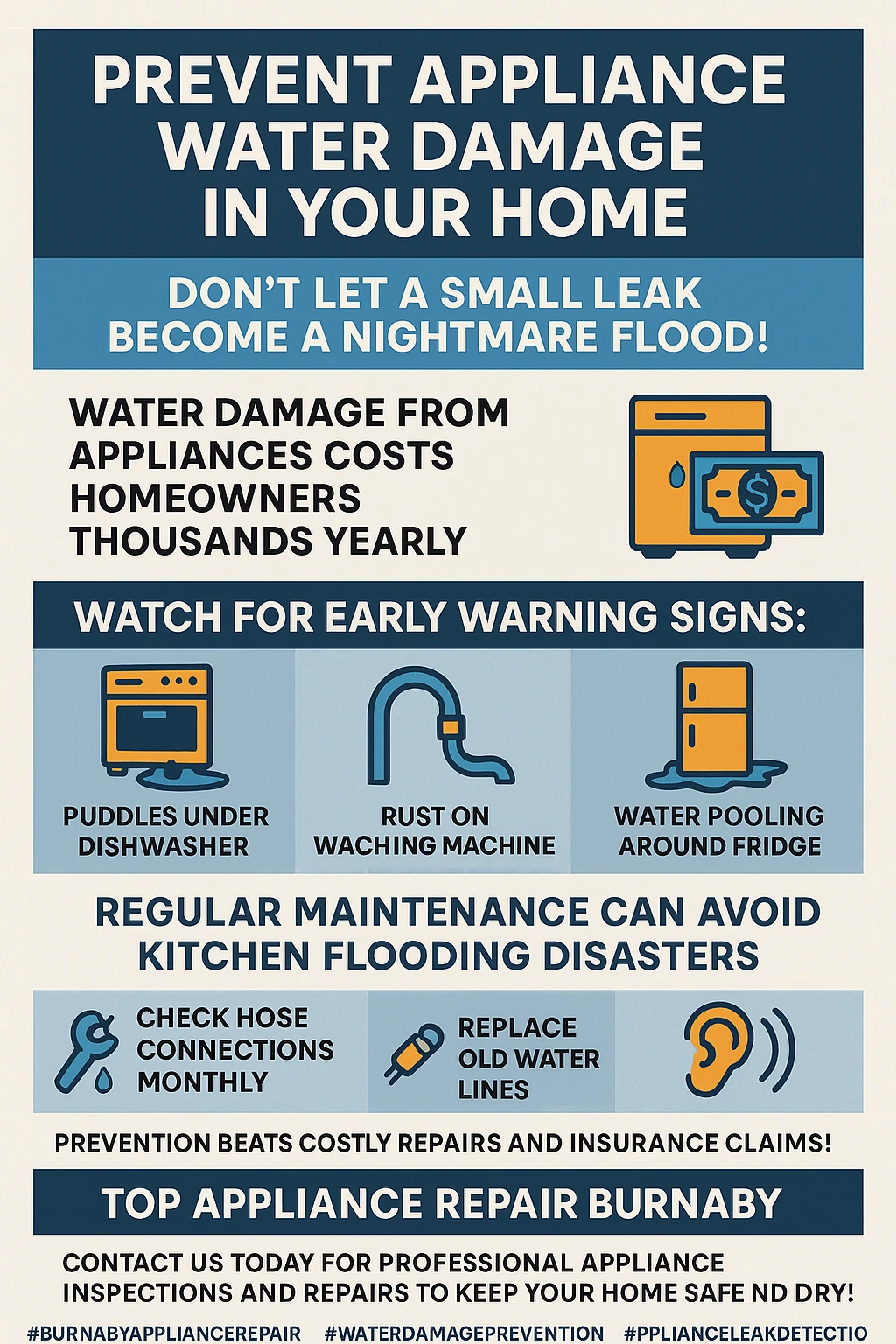 Infographic summarizing key takeaways for appliance water damage prevention in Burnaby.