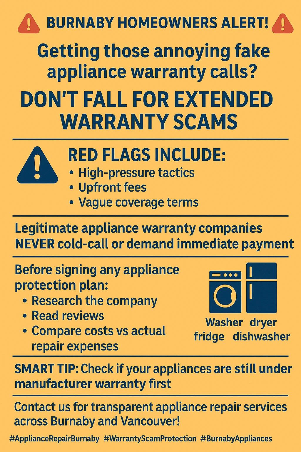 Infographic summarizing key takeaways on appliance extended warranty scams in Burnaby.