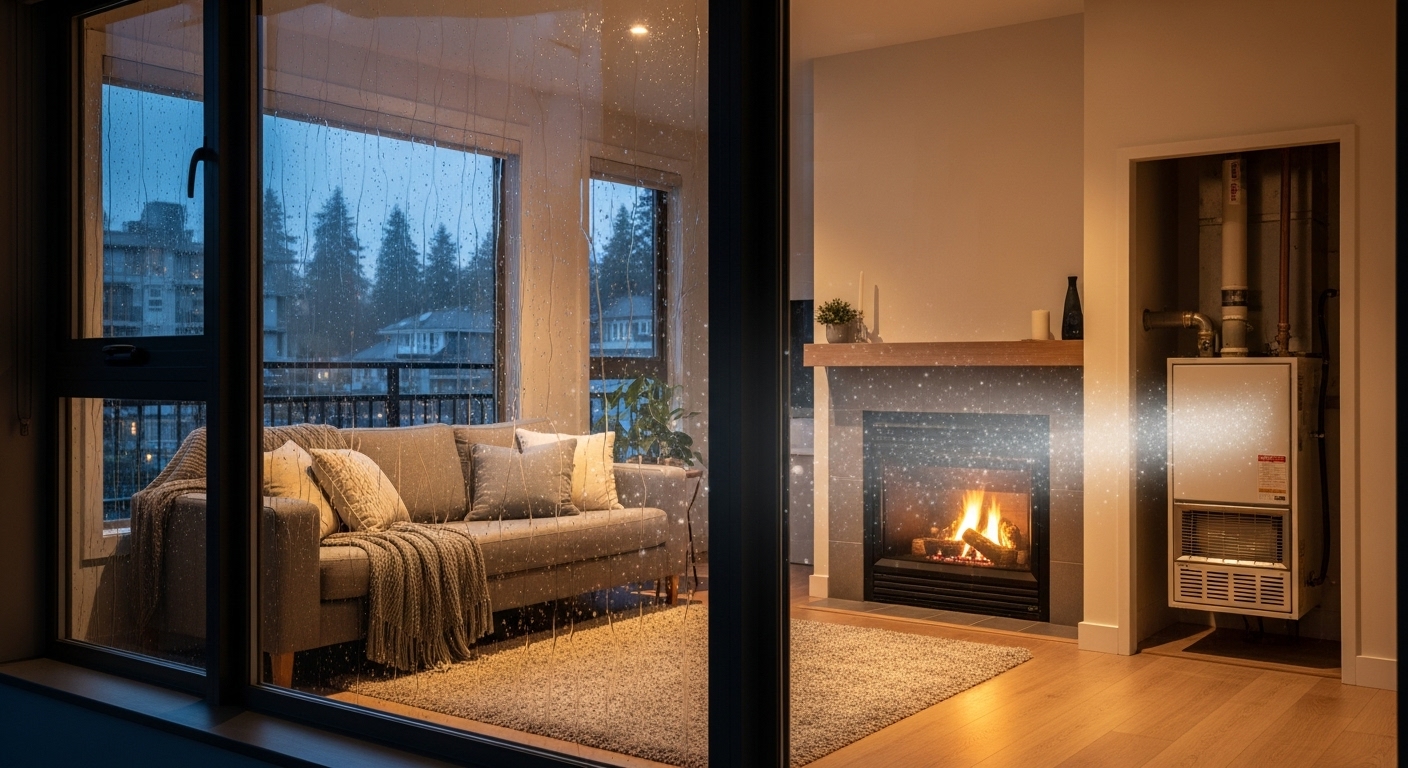 A conceptual image representing the invisible threat of carbon monoxide in a typical Burnaby home setting.