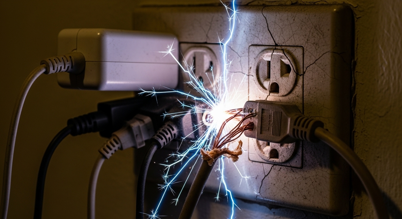 An overloaded electrical outlet sparking, which is a fire risk