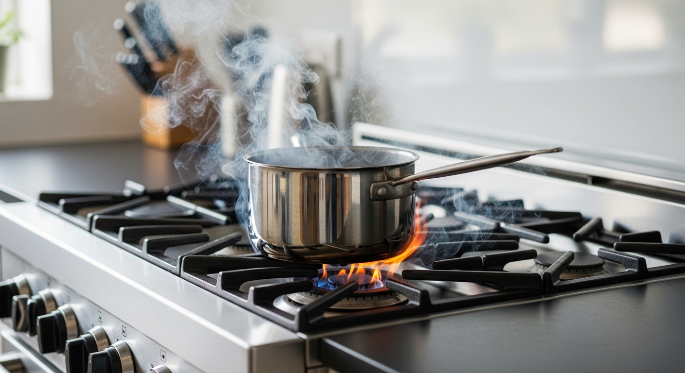 A pot on a stove left unattended, representing a cooking fire hazard