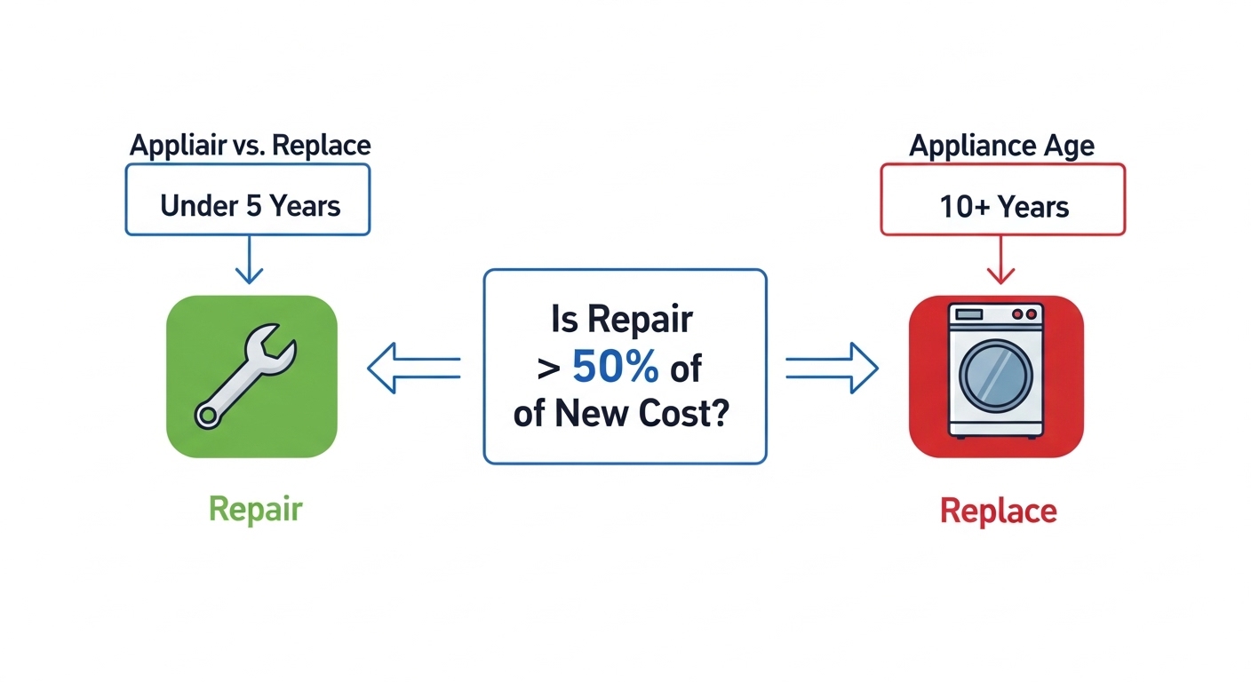 Flowchart to help decide between repairing or replacing a home appliance.