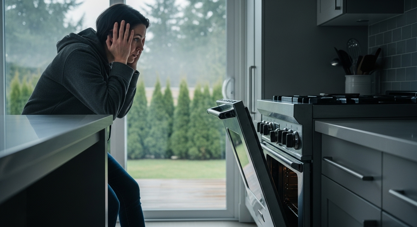 A frustrated Burnaby homeowner looks at their broken kitchen appliance.