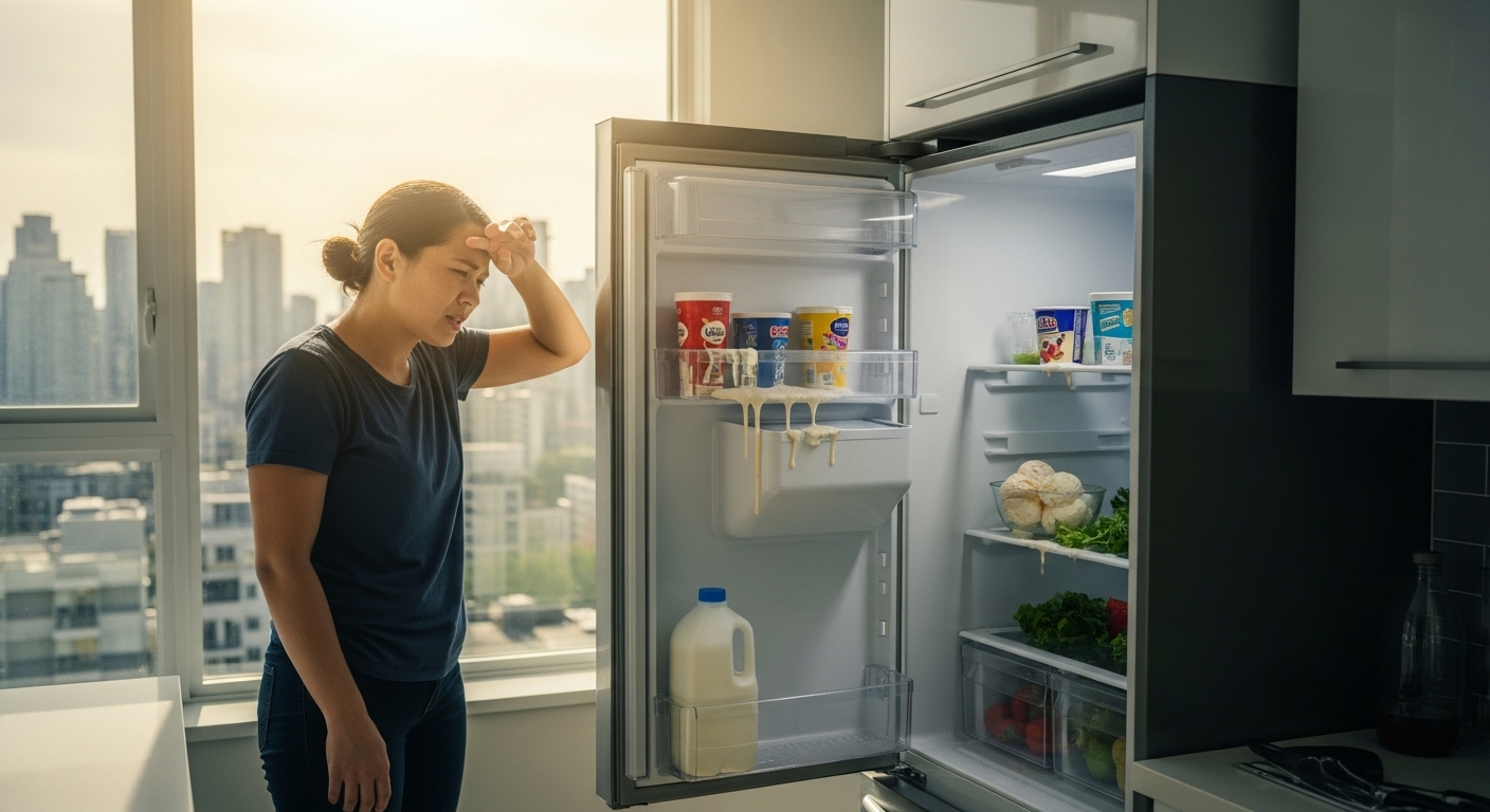 A refrigerator broken down in a Burnaby home during a summer heatwave
