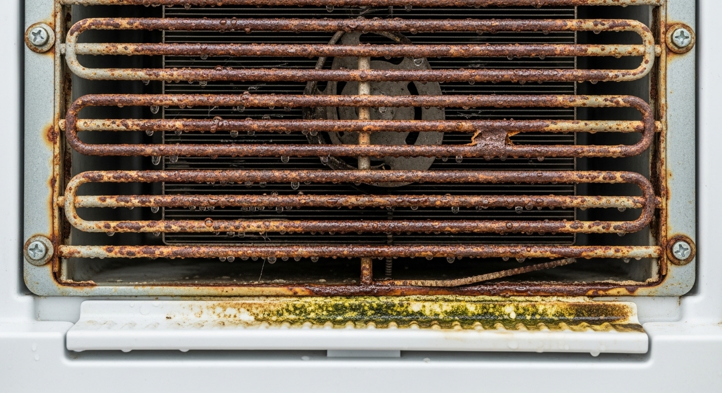 Close-up of refrigerator coils showing damage from coastal humidity.