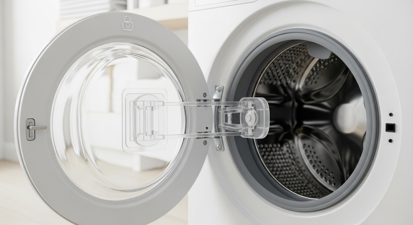 Child safety lock installed on a front-loading washing machine door to prevent accidents.