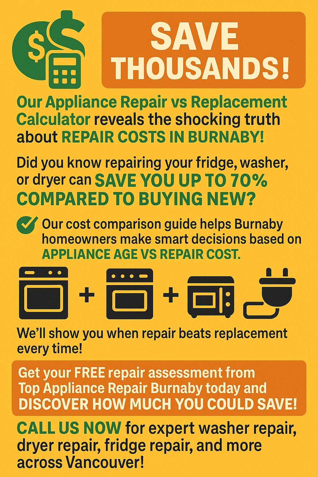 Infographic comparing appliance repair vs replacement costs for Burnaby homeowners