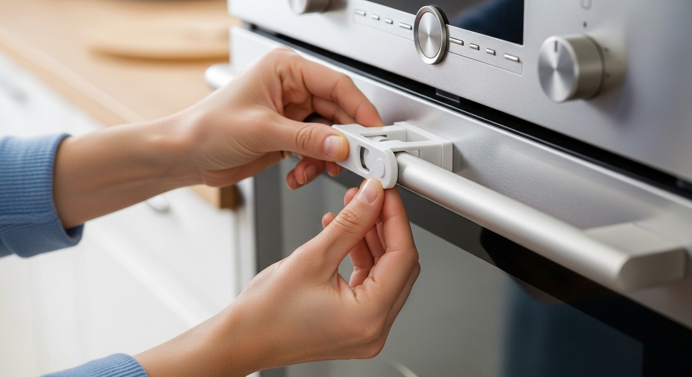 Close-up of a person installing a child safety lock on an oven door.