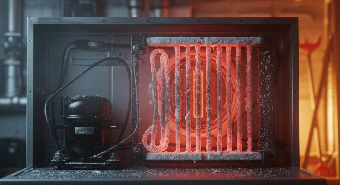 Close-up of a refrigerator compressor overheating during summer