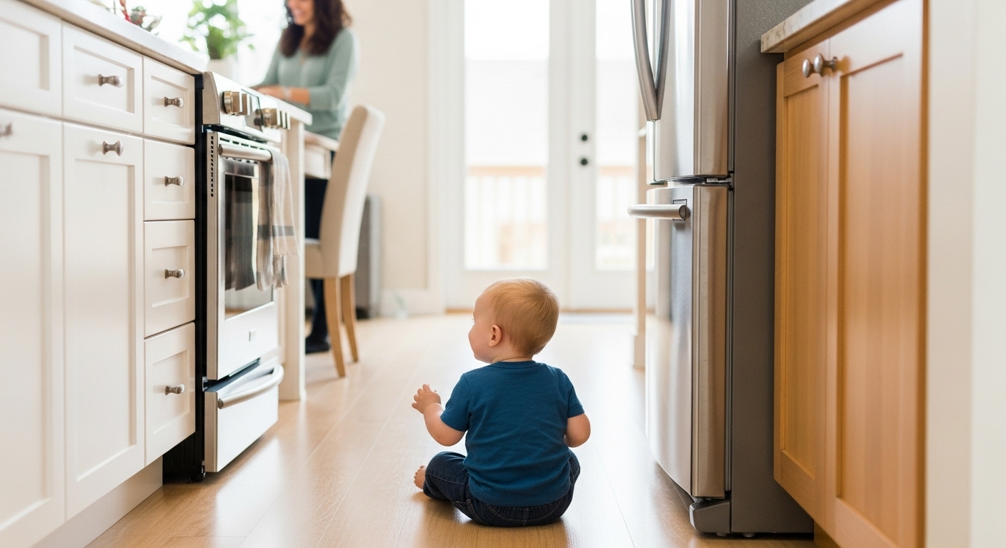 Toddler looking into an open dishwasher, illustrating kitchen appliance safety for children in Burnaby.