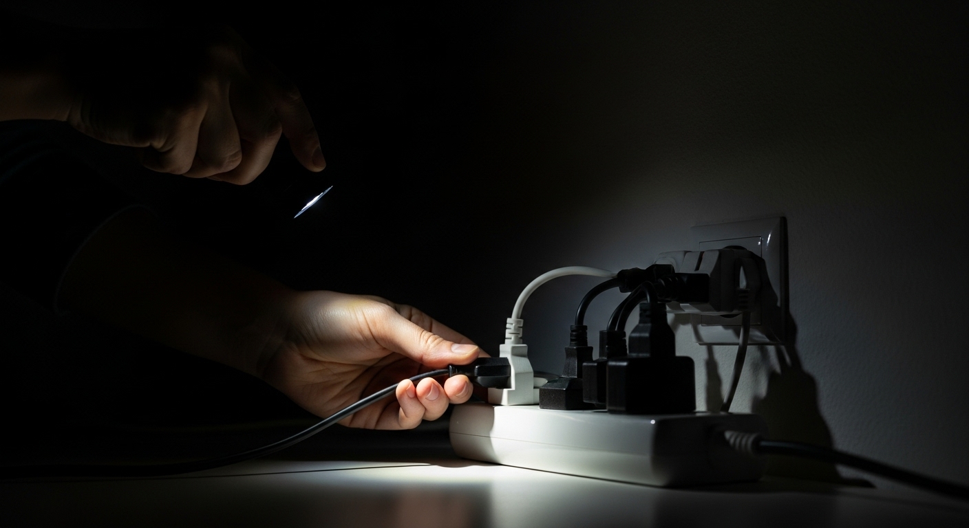 A person's hands unplugging an electronic device from a wall outlet during an outage