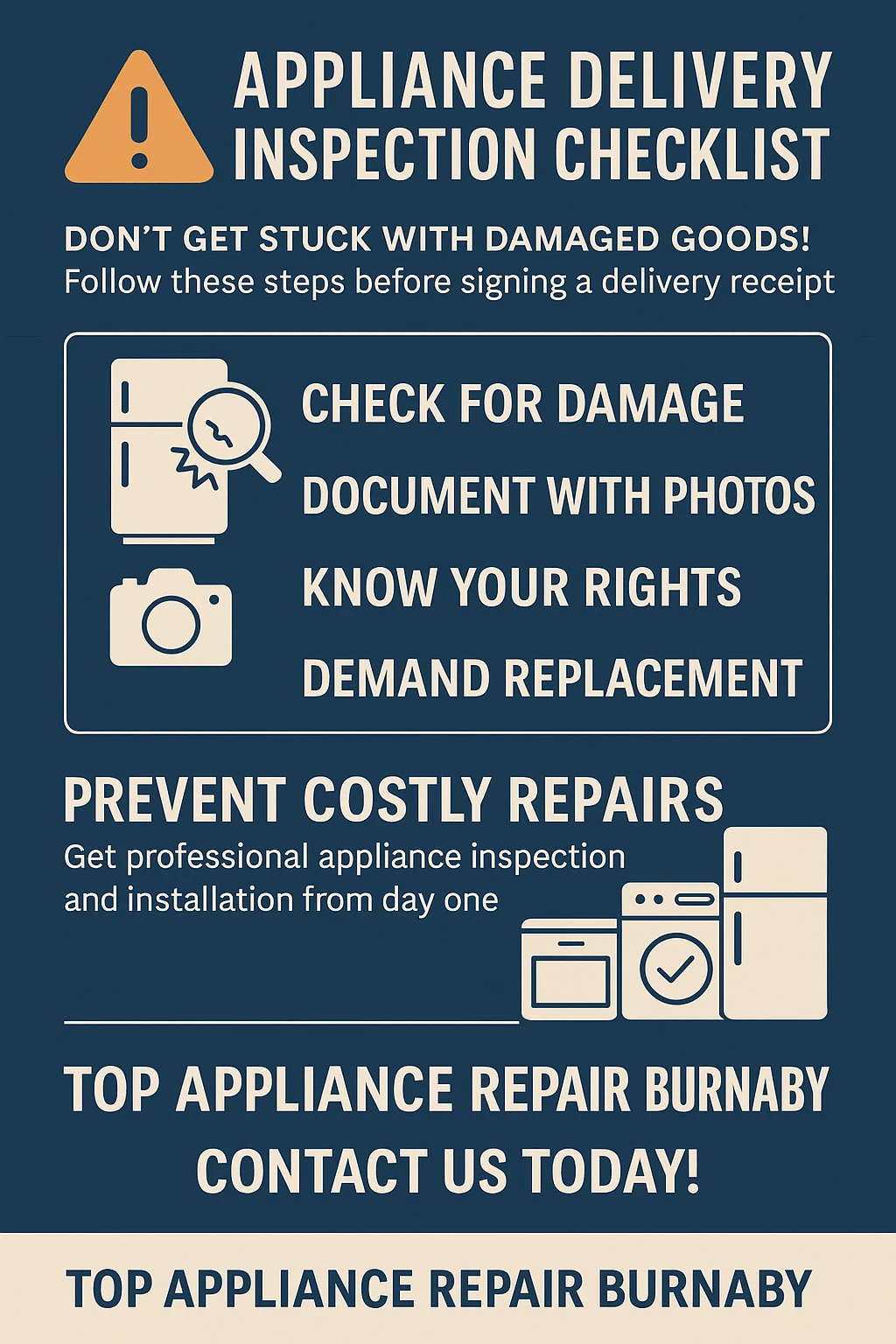 Appliance delivery damage inspection checklist infographic