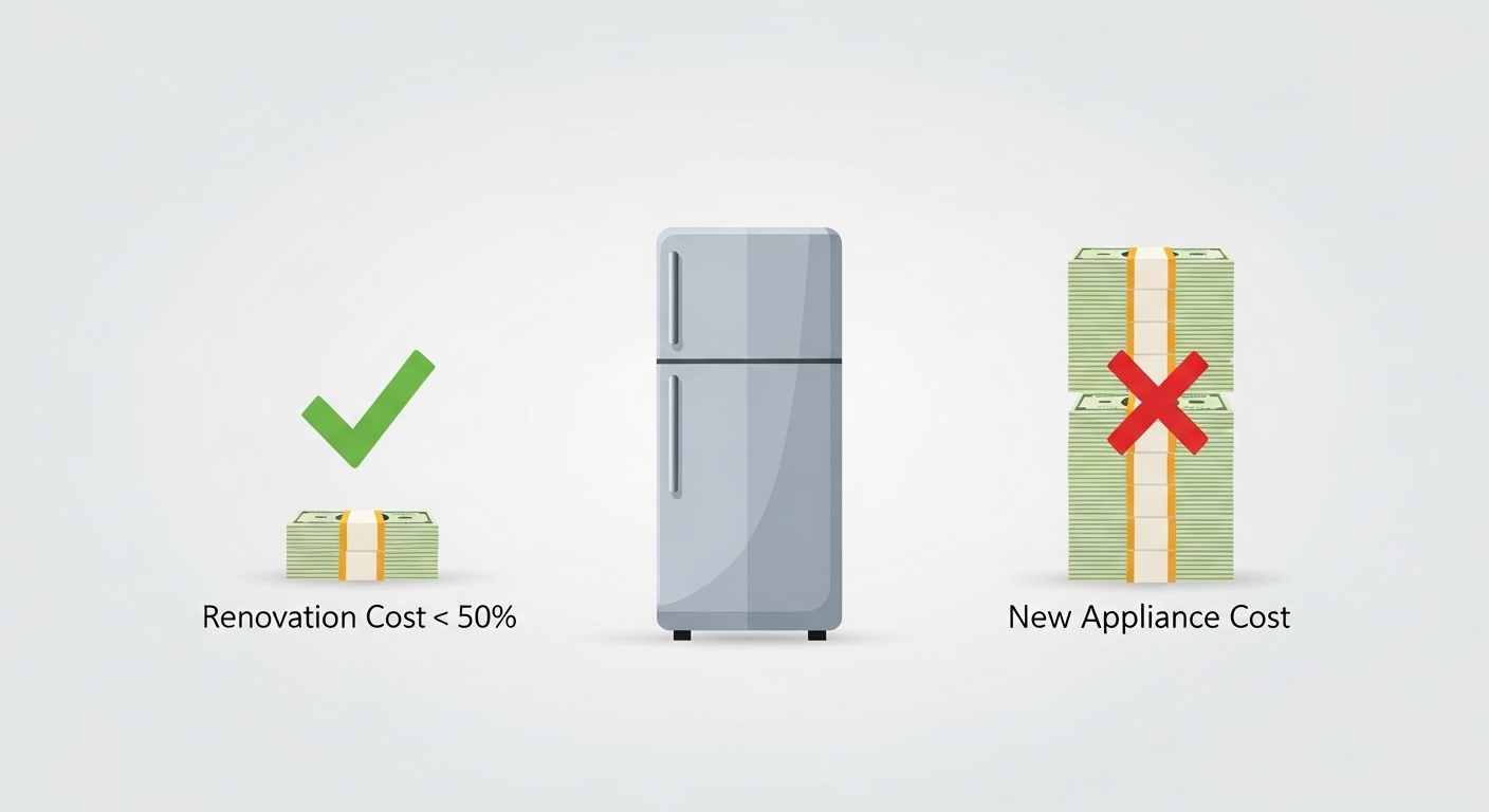A cost comparison graph showing the lower cost of appliance repair against the high cost of replacement for various kitchen appliances.