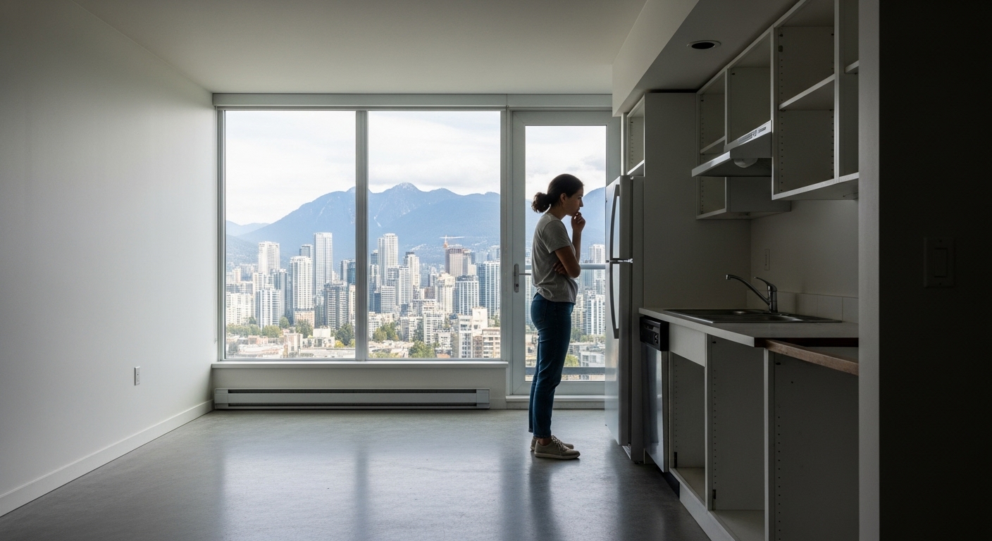 A renter in Burnaby looking thoughtfully at an empty kitchen space, considering the appliance dilemma.